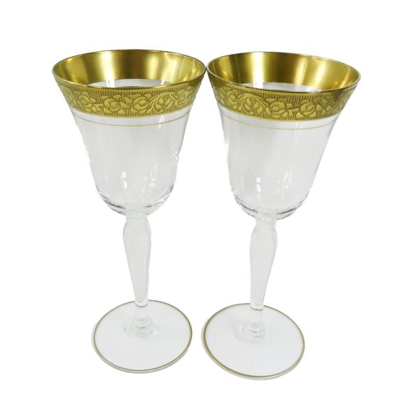 Vintage TWO (2) Tiffin? Minton? Gold Encrusted Band Clear Smooth 6.75" Glasses - Picture 5 of 15
